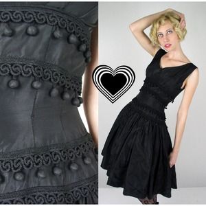 vintage 50s blk Suzy Perette TAFFETA Pom Pom PROM DRESS xs party formal couture